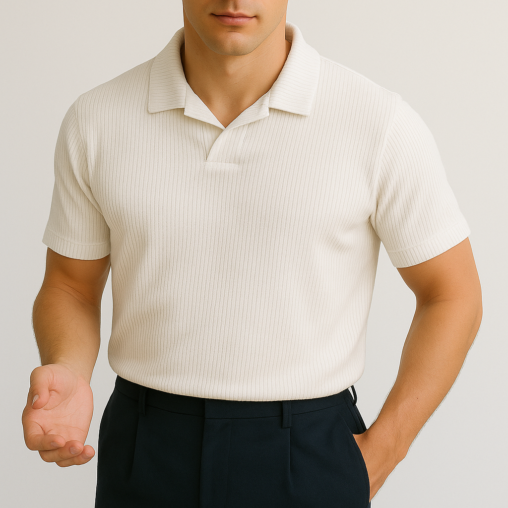 Men's Cream Ribbed Knit Polo Shirt