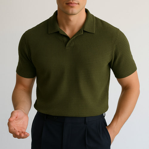 Olive Green Knitted Polo Shirt for Men – Premium Textured Cotton Polo